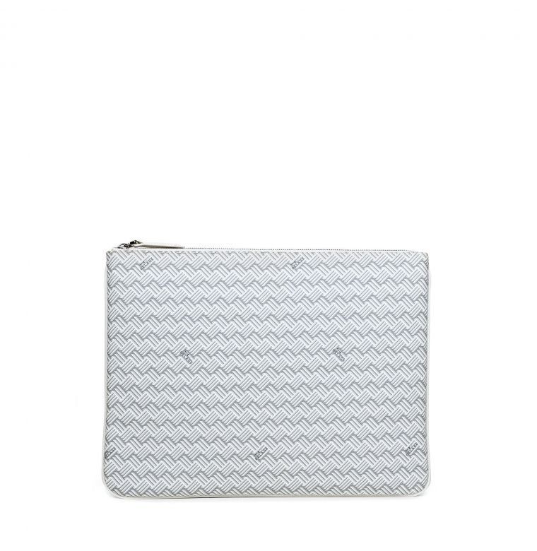 grey and white clutch bag